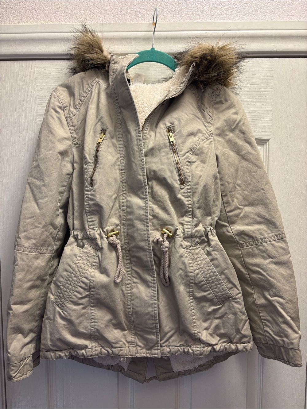 Women's Cream Hooded Parka Jacket with Faux Fur Trim